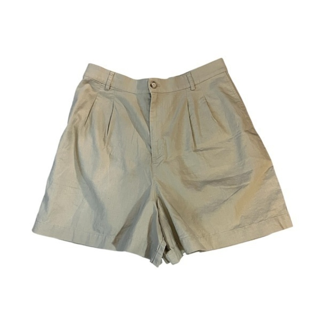 UNIQLO high waist 50/50 cotton/linen double pleated elastic back khaki shorts, L